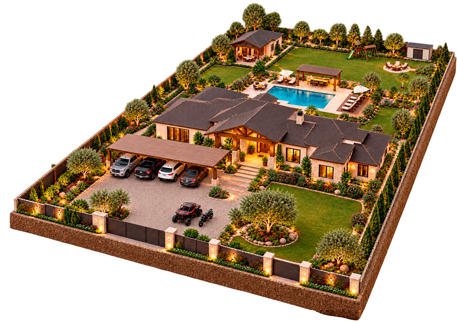 Concepto ilustrativo para hacienda campestre en un terreno de 2000 metros cuadrados