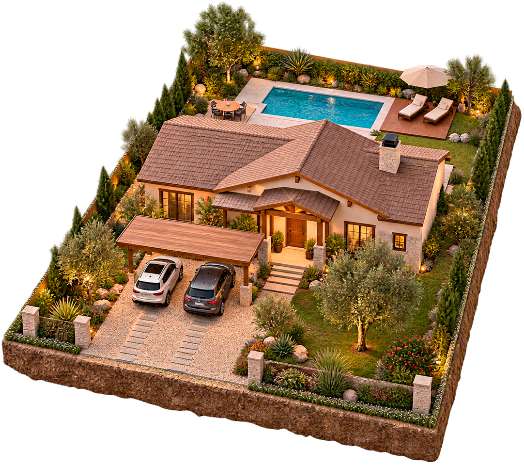 Concepto ilustrativo para casa campestre en un terreno de 500 metros cuadrados